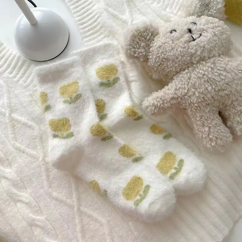 Winter Plush Girls Socks Korean Flower Print Mink Fur Floor Sock Women Cute Thicken Warm Sleeping Home Socks