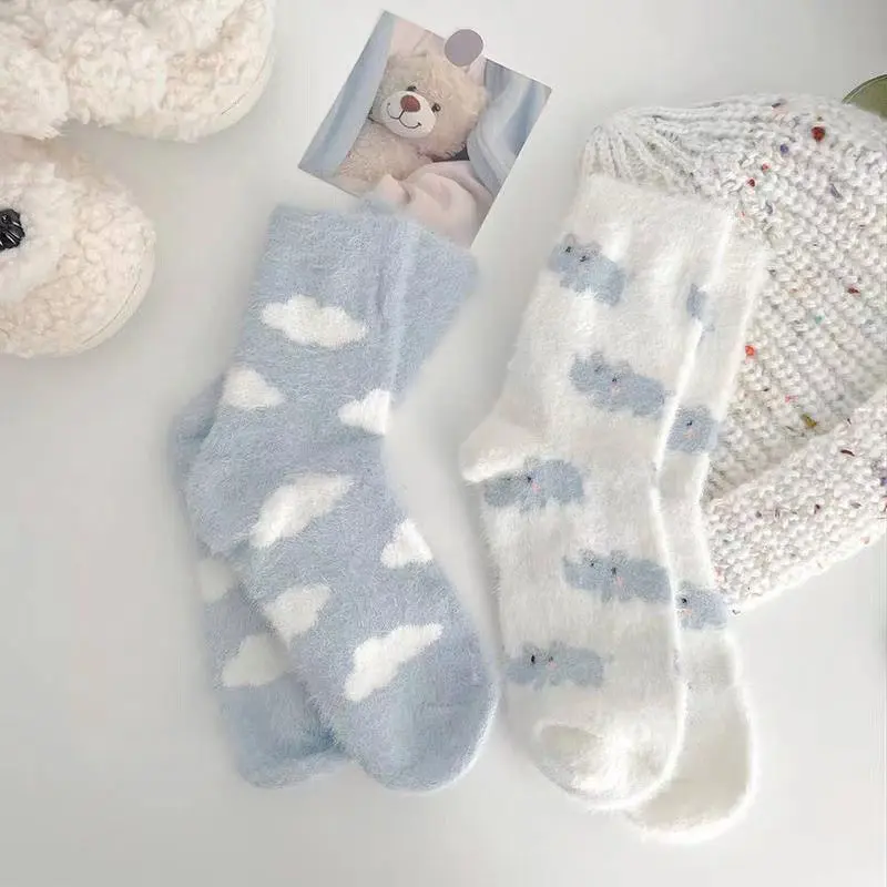 Winter Plush Girls Socks Korean Flower Print Mink Fur Floor Sock Women Cute Thicken Warm Sleeping Home Socks