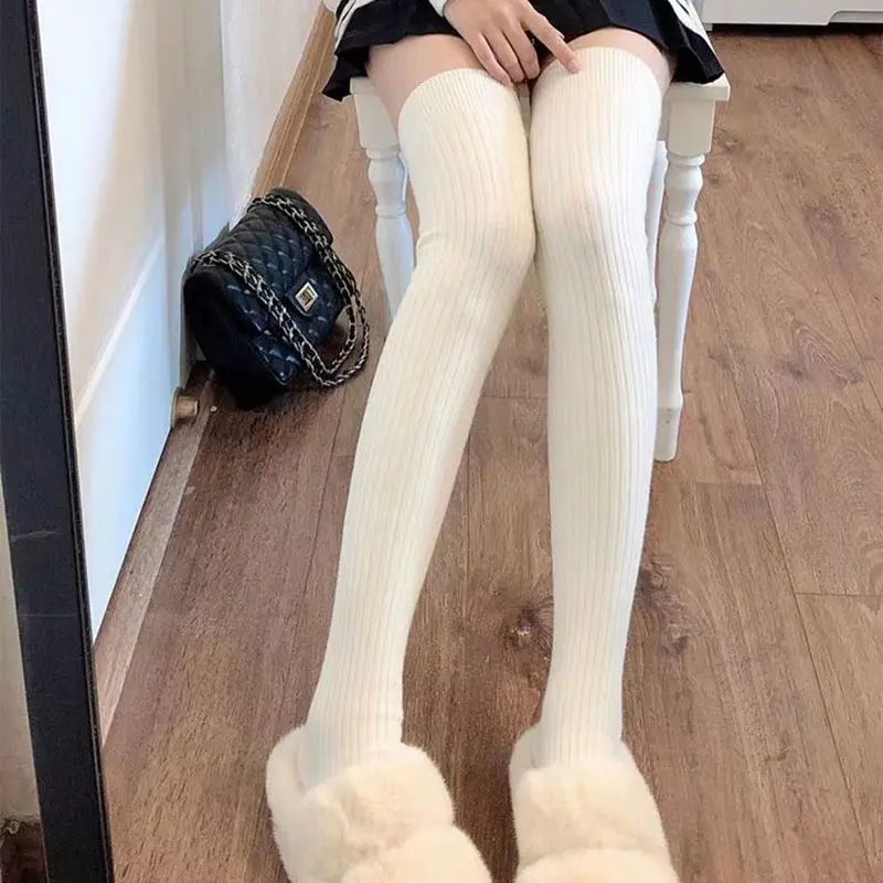Solid Color Knit Striped Stockings for Women Spring Autumn Thigh High Socks Japanese Simple Girls Over Knee High Socks Sox