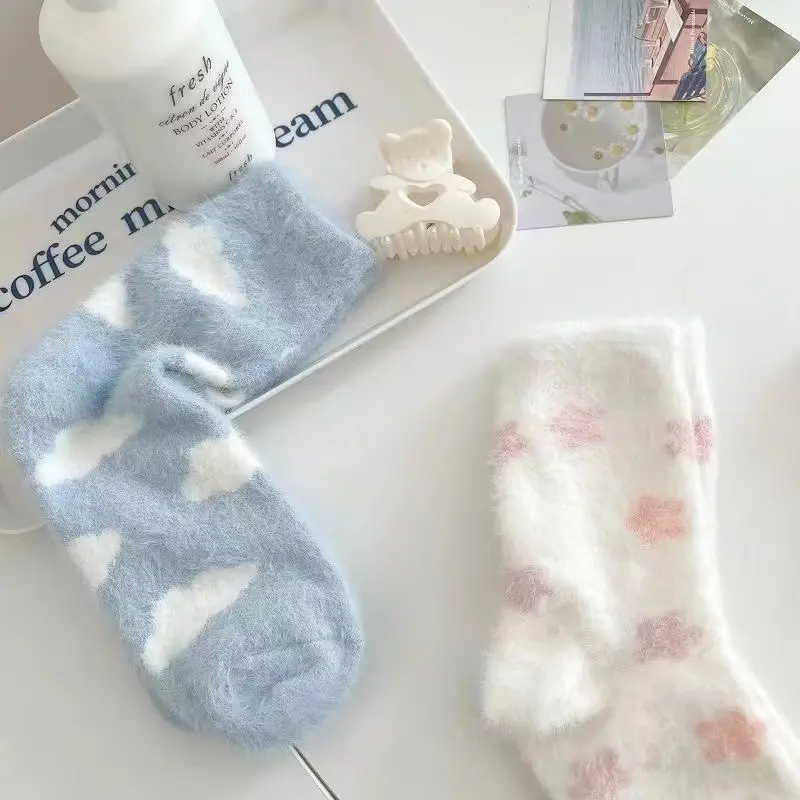 Winter Plush Girls Socks Korean Flower Print Mink Fur Floor Sock Women Cute Thicken Warm Sleeping Home Socks