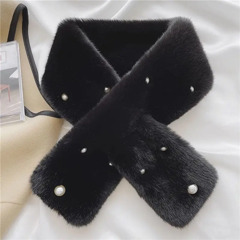 Winter Cross Scarf for Women Warm Thick Faux Rabbit Fur Neck Collar Solid Color Pearl Plush Neckerchief
