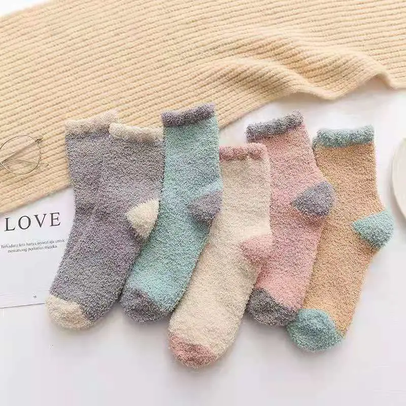Coral Fleece Socks for Women Winter Thicken Plush Middle Tube Sock Female Lady Fluffy Home Floor Socks Sox﻿
