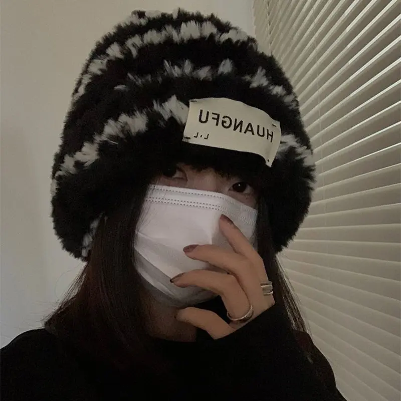 New Striped Plush Beanies Hat Winter Warm Faux Fur Knit Cap for Female Lady Korean Fluffy Windproof Bucket Hats Bonnet Gorras