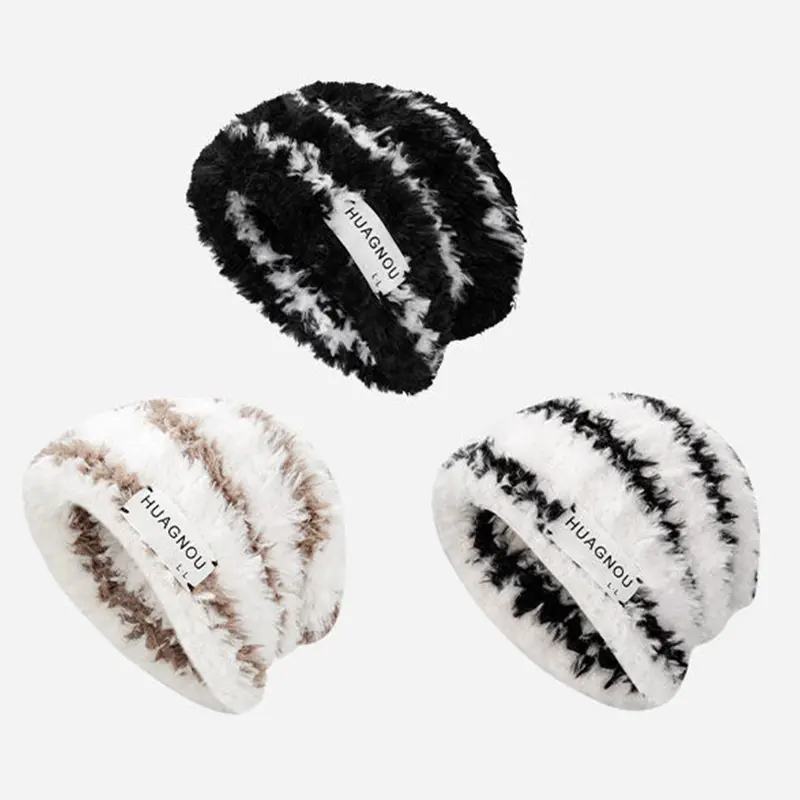 New Striped Plush Beanies Hat Winter Warm Faux Fur Knit Cap for Female Lady Korean Fluffy Windproof Bucket Hats Bonnet Gorras