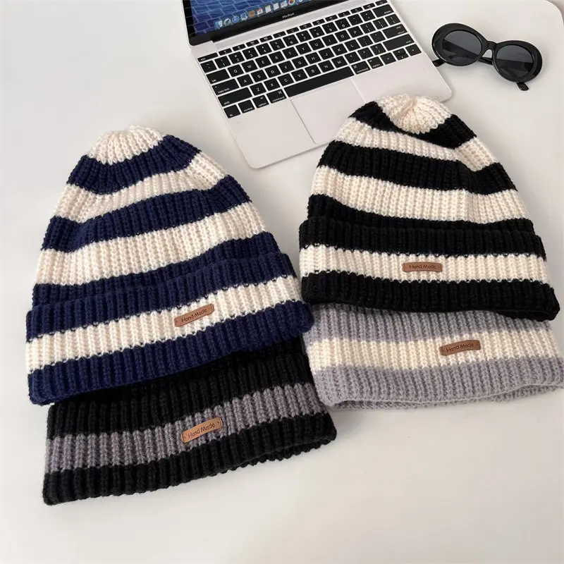 Korean Stripe Beanie Cap for Women Winter Thick Thread Needle Knitted Hat Vintage Hip Hop Female Slouchy Hats