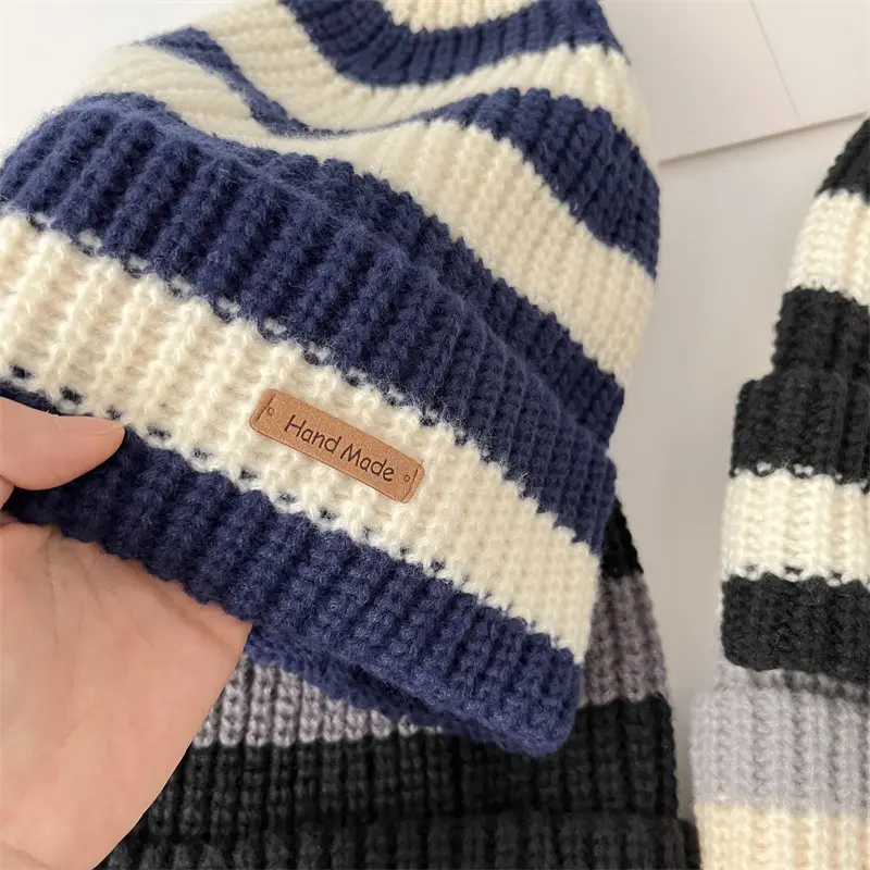 Korean Stripe Beanie Cap for Women Winter Thick Thread Needle Knitted Hat Vintage Hip Hop Female Slouchy Hats