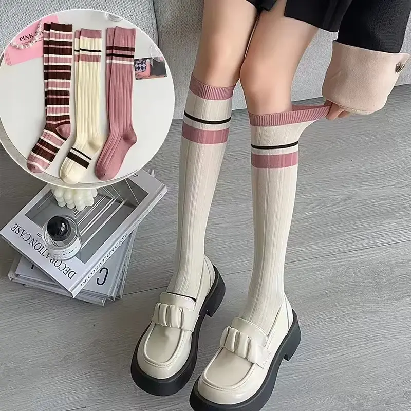 Korean Stripe Stockings for Women Girls Pink JK Knee High Sock Spring Autumn Soft Cotton Female Lady Long Stockings