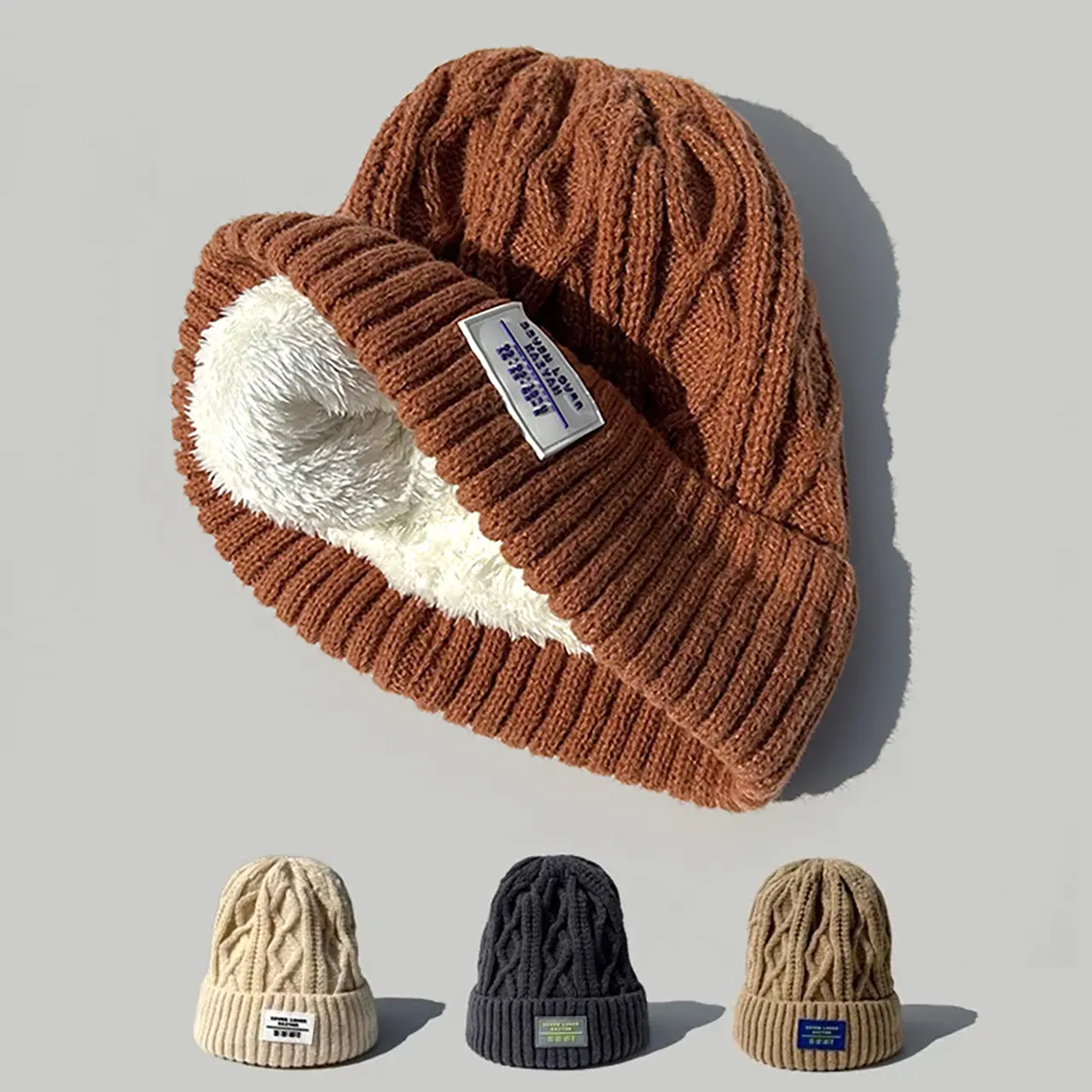Winter Knit Beanie Hat for Women Thicken Warm Plush Lining Crochet Cap Solid Color Female Woolen Pullover Hats