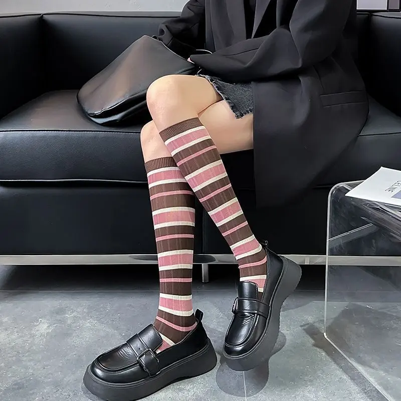 Korean Stripe Stockings for Women Girls Pink JK Knee High Sock Spring Autumn Soft Cotton Female Lady Long Stockings