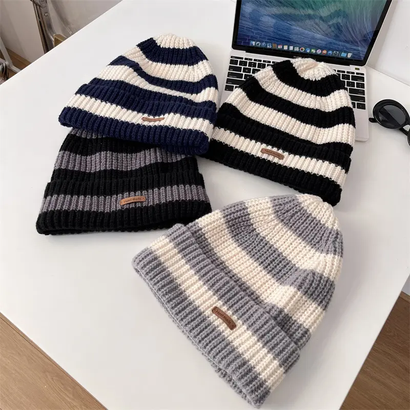 Korean Stripe Beanie Cap for Women Winter Thick Thread Needle Knitted Hat Vintage Hip Hop Female Slouchy Hats