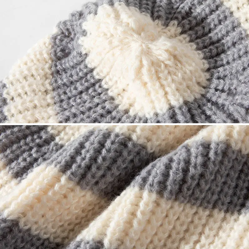 Korean Stripe Beanie Cap for Women Winter Thick Thread Needle Knitted Hat Vintage Hip Hop Female Slouchy Hats
