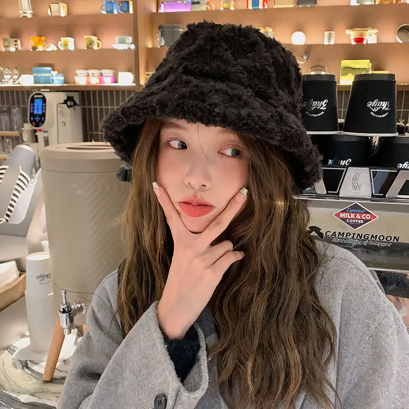 Faux Fur Bucket Hat for Women Winter Thick Plush Girls Fisherman Cap Korean Solid Color Warm Fluffy Sun Visor Panama Caps