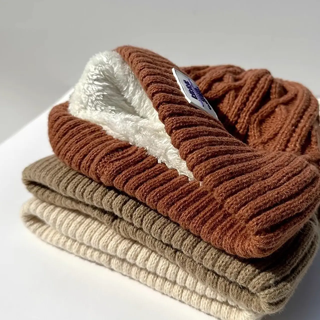 Winter Knit Beanie Hat for Women Thicken Warm Plush Lining Crochet Cap Solid Color Female Woolen Pullover Hats