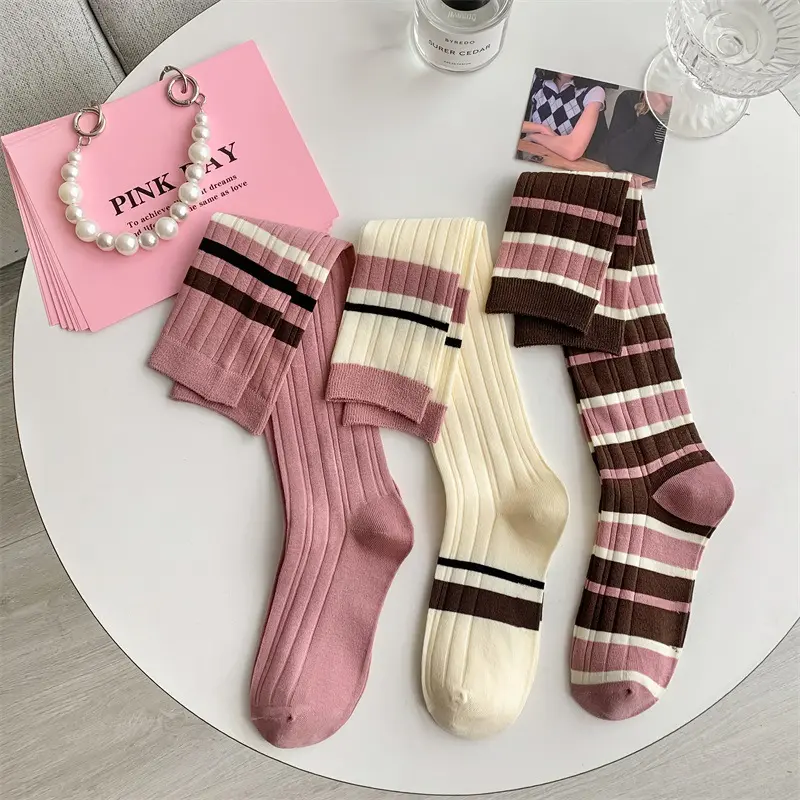 Korean Stripe Stockings for Women Girls Pink JK Knee High Sock Spring Autumn Soft Cotton Female Lady Long Stockings