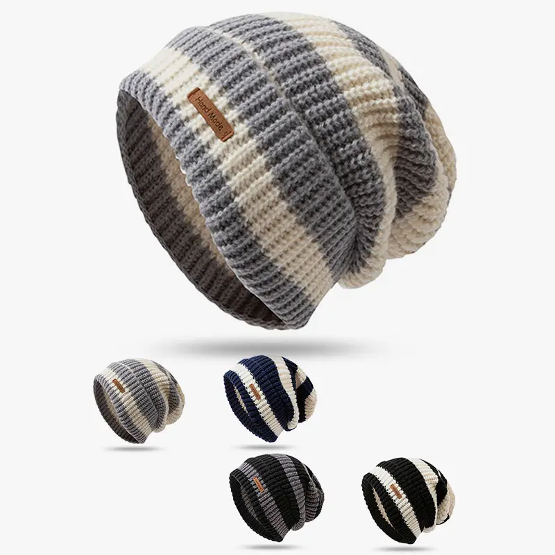 Korean Stripe Beanie Cap for Women Winter Thick Thread Needle Knitted Hat Vintage Hip Hop Female Slouchy Hats