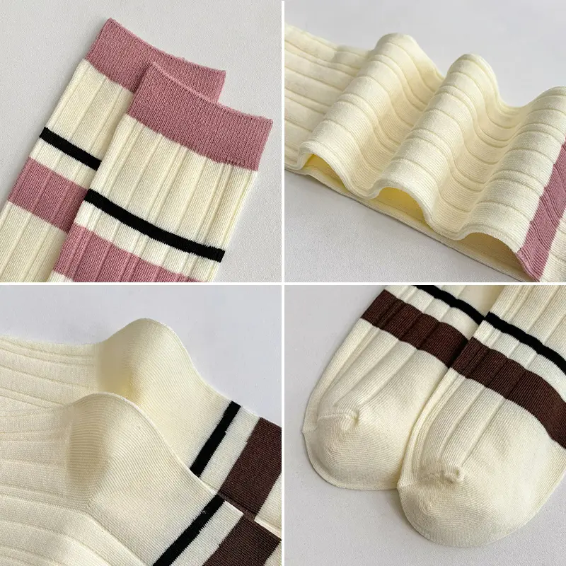 Korean Stripe Stockings for Women Girls Pink JK Knee High Sock Spring Autumn Soft Cotton Female Lady Long Stockings