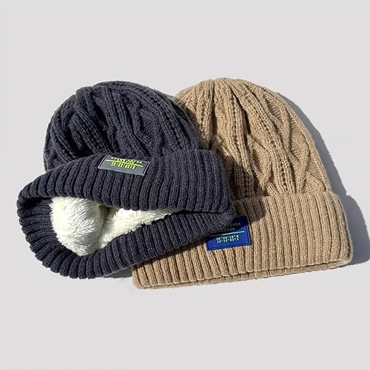 Winter Knit Beanie Hat for Women Thicken Warm Plush Lining Crochet Cap Solid Color Female Woolen Pullover Hats