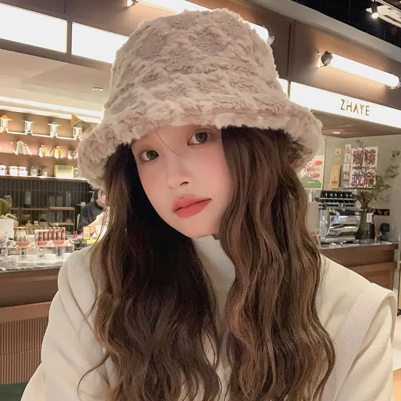 Faux Fur Bucket Hat for Women Winter Thick Plush Girls Fisherman Cap Korean Solid Color Warm Fluffy Sun Visor Panama Caps
