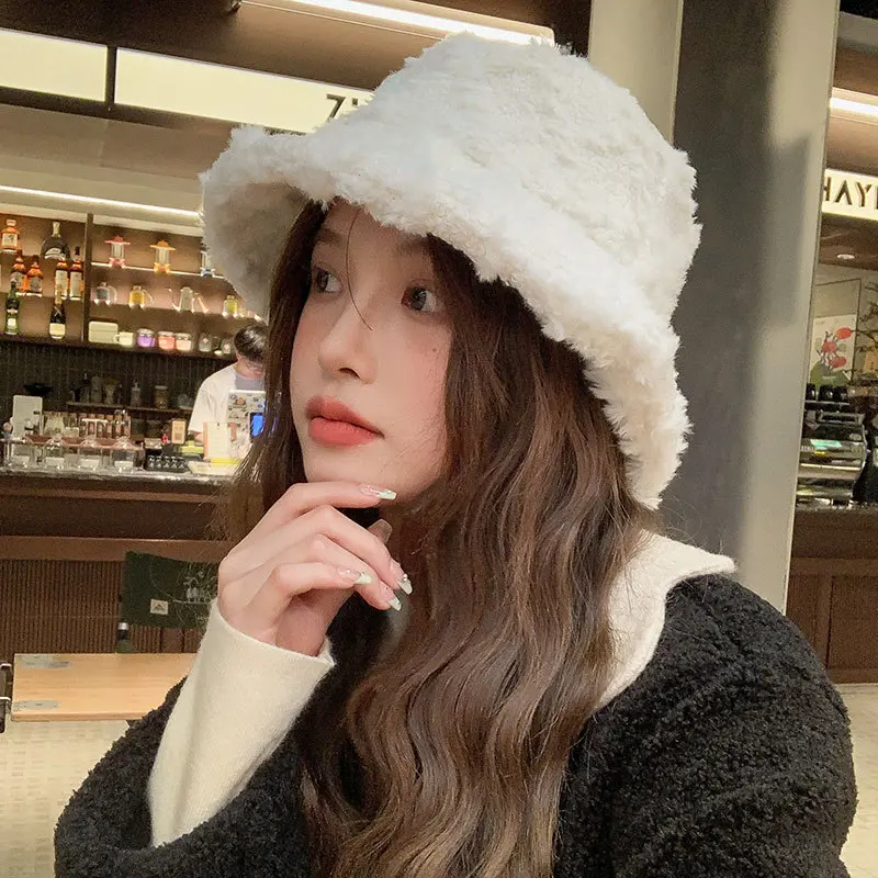 Faux Fur Bucket Hat for Women Winter Thick Plush Girls Fisherman Cap Korean Solid Color Warm Fluffy Sun Visor Panama Caps