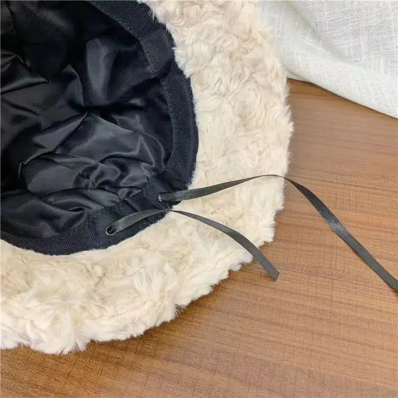 Faux Fur Bucket Hat for Women Winter Thick Plush Girls Fisherman Cap Korean Solid Color Warm Fluffy Sun Visor Panama Caps