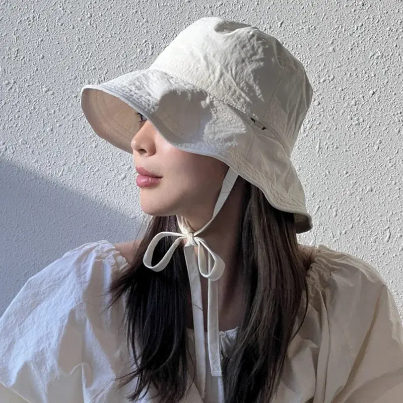 Summer Lace-up Fisherman Hat for Women Outdoor Windbreak Rope Sunshade Basin Hat Solid Color Korean Thin Casual Bucket Hats