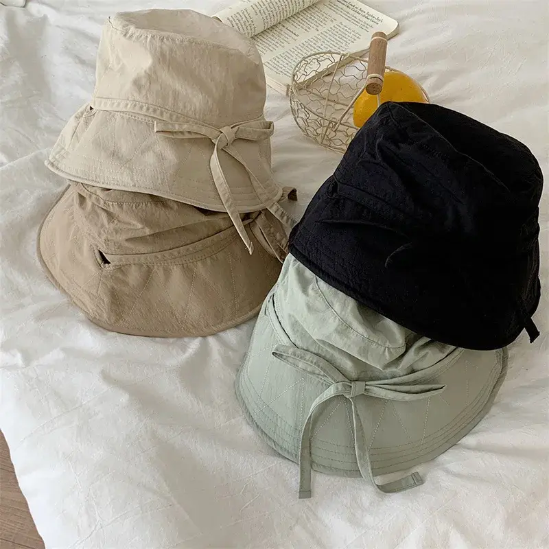 Summer Lace-up Fisherman Hat for Women Outdoor Windbreak Rope Sunshade Basin Hat Solid Color Korean Thin Casual Bucket Hats