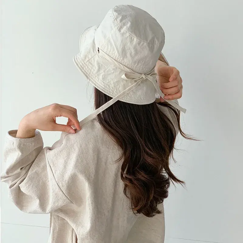 Summer Lace-up Fisherman Hat for Women Outdoor Windbreak Rope Sunshade Basin Hat Solid Color Korean Thin Casual Bucket Hats