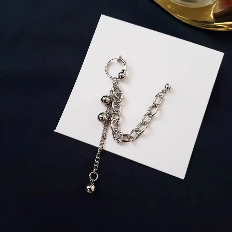 Punk Hip-Hop Silver Color Stud Earrings Unisex Long Tassel Bead Chain Earrings Cool Girls Boys Party Gifts Piercing Ear Jewelry