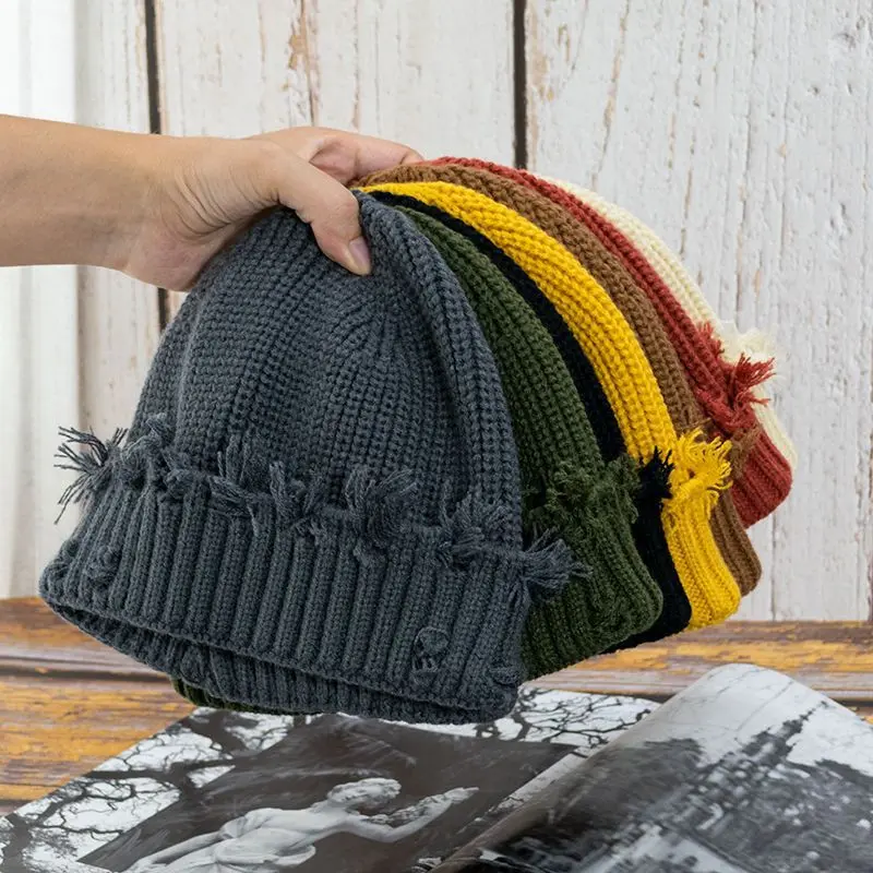 Retro Broken Brim Knitted Hat for Women Men Winter Dilapidated Hole Skullies Beanies Solid Color Hip-Hop Warm Skullcap