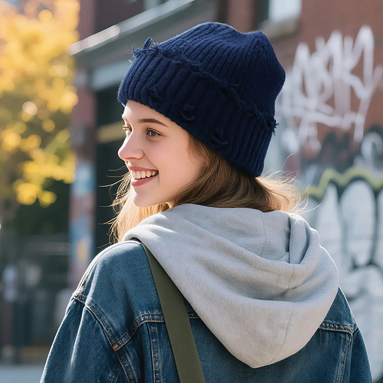 Retro Broken Brim Knitted Hat for Women Men Winter Dilapidated Hole Skullies Beanies Solid Color Hip-Hop Warm Skullcap
