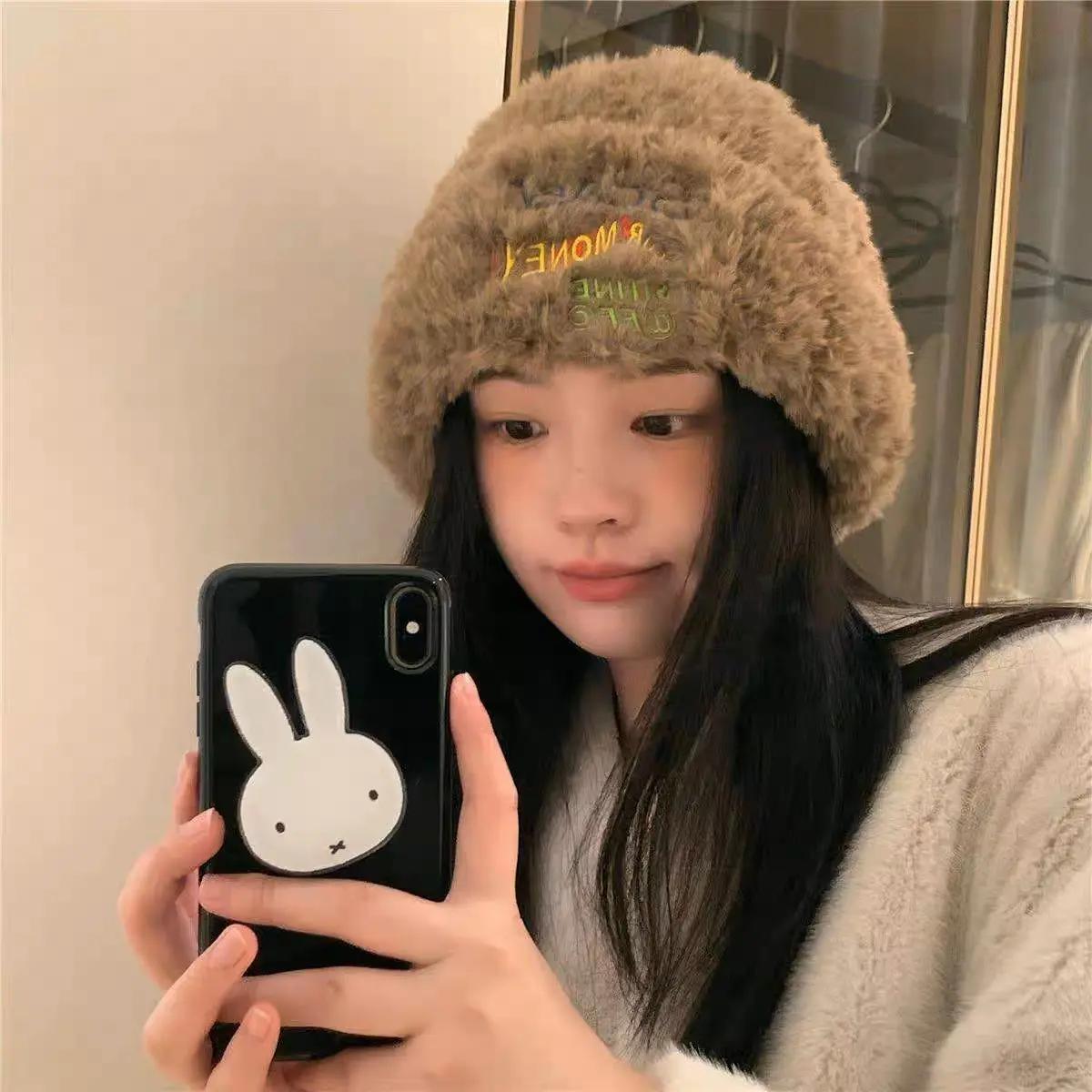 Winter Plush Knit Beanie Hat Women Solid Color Letter Fluffy Faux Fur Bucket Cap Korean Warm Female Ear Protection Caps Bonnet