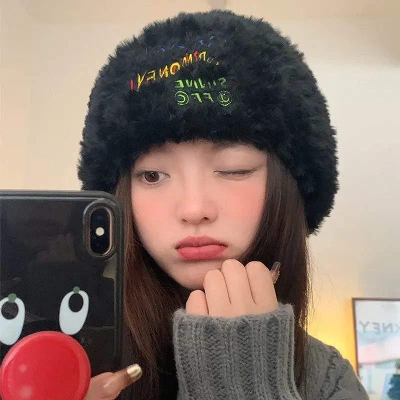 Winter Plush Knit Beanie Hat Women Solid Color Letter Fluffy Faux Fur Bucket Cap Korean Warm Female Ear Protection Caps Bonnet
