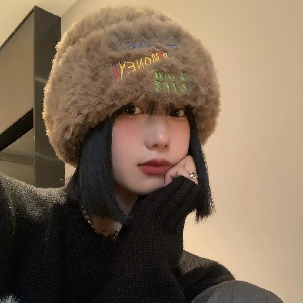 Winter Plush Knit Beanie Hat Women Solid Color Letter Fluffy Faux Fur Bucket Cap Korean Warm Female Ear Protection Caps Bonnet
