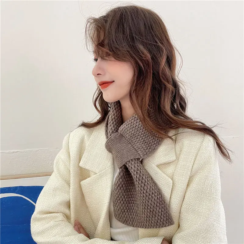 Winter Knitted Scarf for Women Solid Color Cross Neckerchief Female Autumn Warm Thick Woolen Scarves
