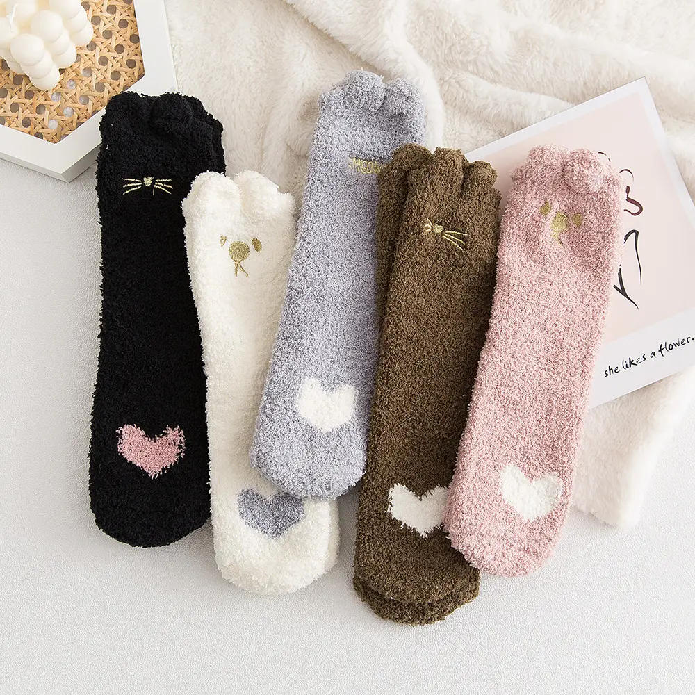 Cute Women Plush Socks Winter Coral Fleece Warm Floor Sock Solid Color Cartoon Bear Girls Thicken Thermal Sleep Socks