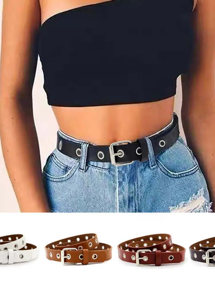 Punk Black Belt for Women Adjustable Single-breasted Buttonhole Leather Waistband Harajuku Gothic Jeans Decorative Straps