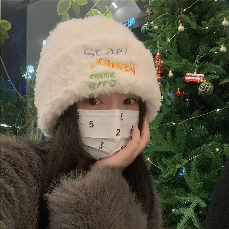 Winter Plush Knit Beanie Hat Women Solid Color Letter Fluffy Faux Fur Bucket Cap Korean Warm Female Ear Protection Caps Bonnet