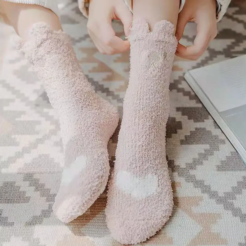 Cute Women Plush Socks Winter Coral Fleece Warm Floor Sock Solid Color Cartoon Bear Girls Thicken Thermal Sleep Socks