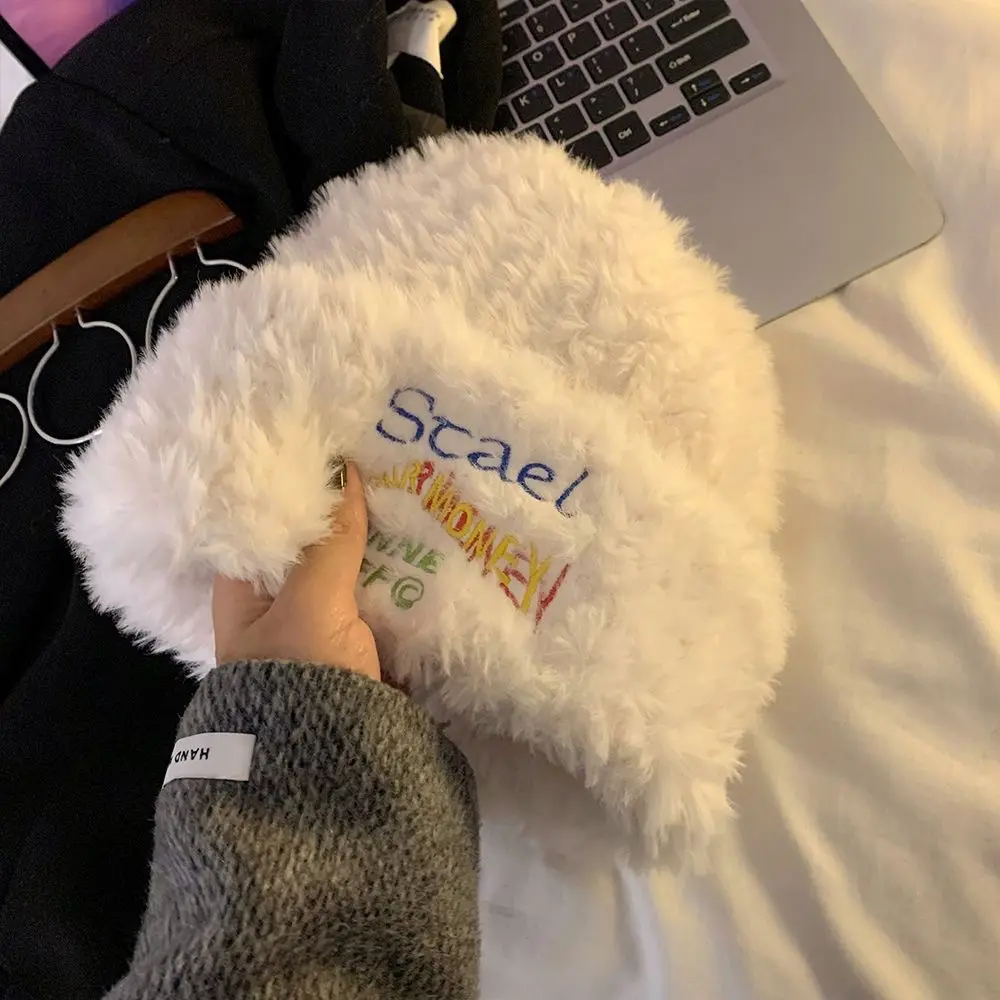 Winter Plush Knit Beanie Hat Women Solid Color Letter Fluffy Faux Fur Bucket Cap Korean Warm Female Ear Protection Caps Bonnet