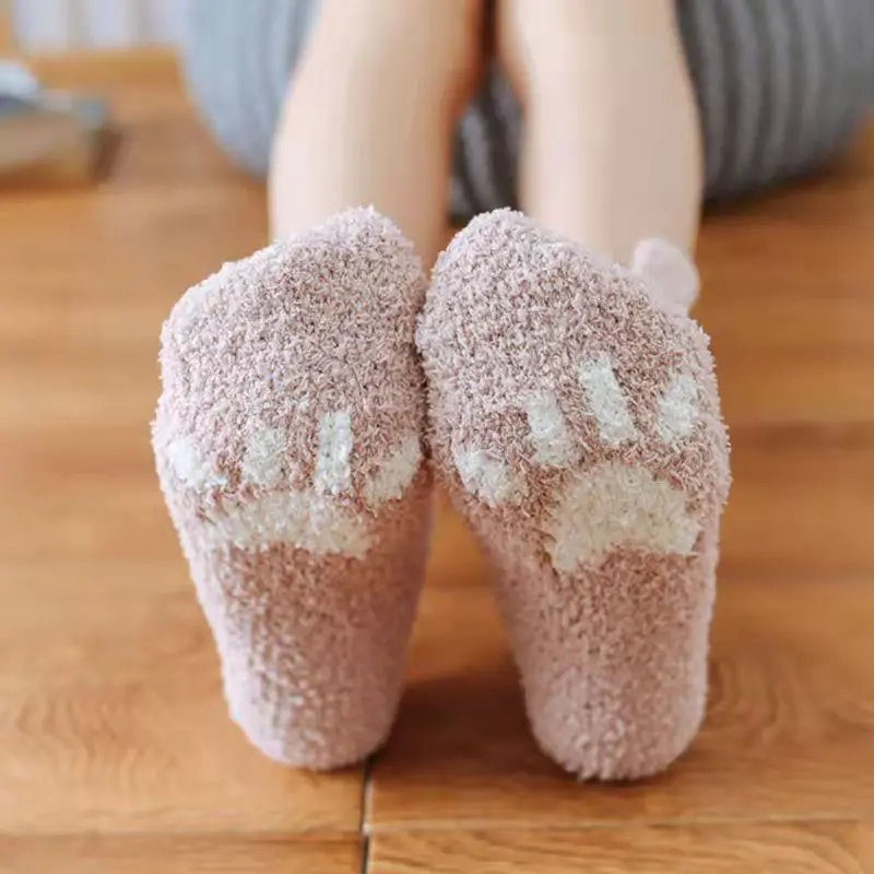 Cute Women Plush Socks Winter Coral Fleece Warm Floor Sock Solid Color Cartoon Bear Girls Thicken Thermal Sleep Socks
