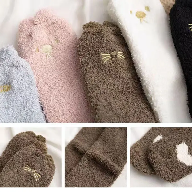 Cute Women Plush Socks Winter Coral Fleece Warm Floor Sock Solid Color Cartoon Bear Girls Thicken Thermal Sleep Socks