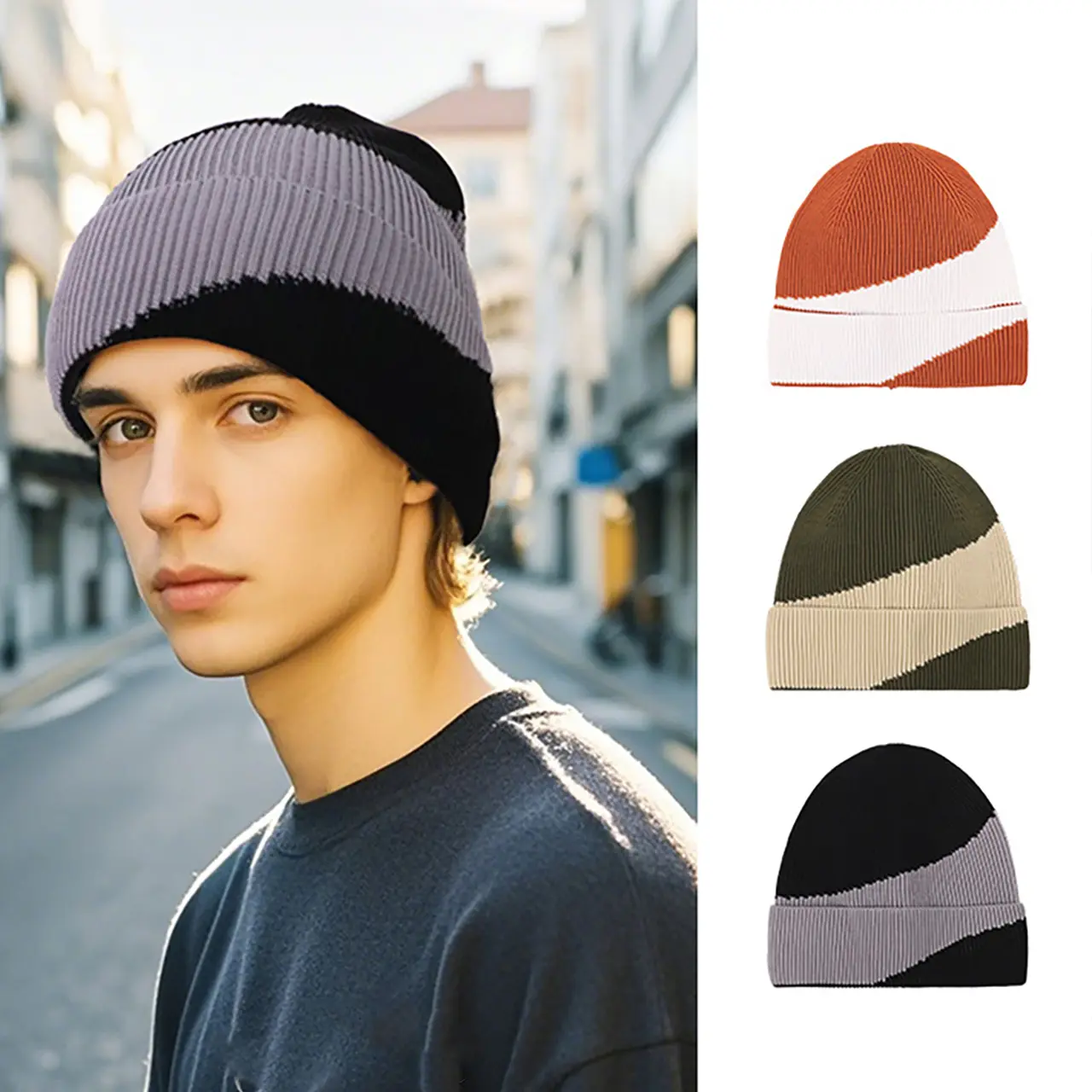 Striped Beanies Hat for Men Winter Warm Wool Knit Cap Outdoor Ski Hiking Skullcap Male Fashion Skullies