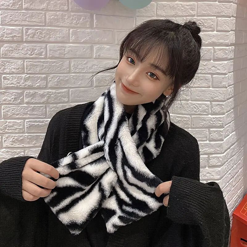 Winter Plush Scarf for Women Korean Striped Zebra Female Neckerchief Thicken Warm Faux Rabbit Fur Neck Protection Fake Collar