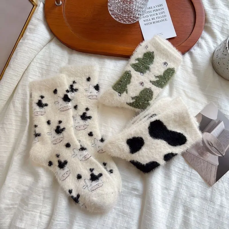 Winter Mink Plush Socks Women Cute Cartoon Cow Print Coral Fleece Sock Korean Indoor Thicken Warm Female Home Socks