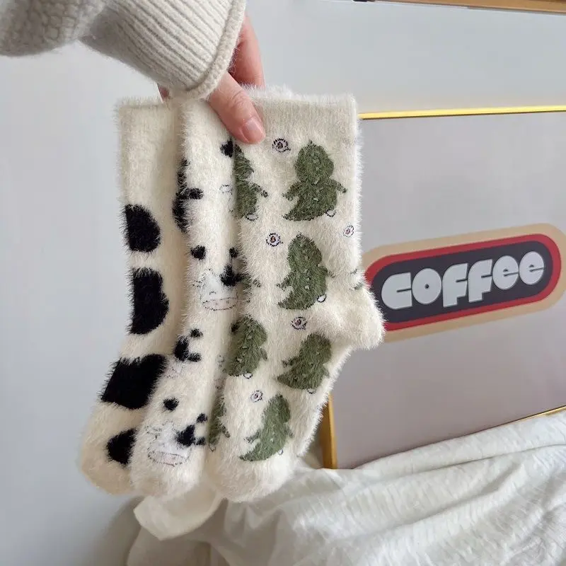 Winter Mink Plush Socks Women Cute Cartoon Cow Print Coral Fleece Sock Korean Indoor Thicken Warm Female Home Socks