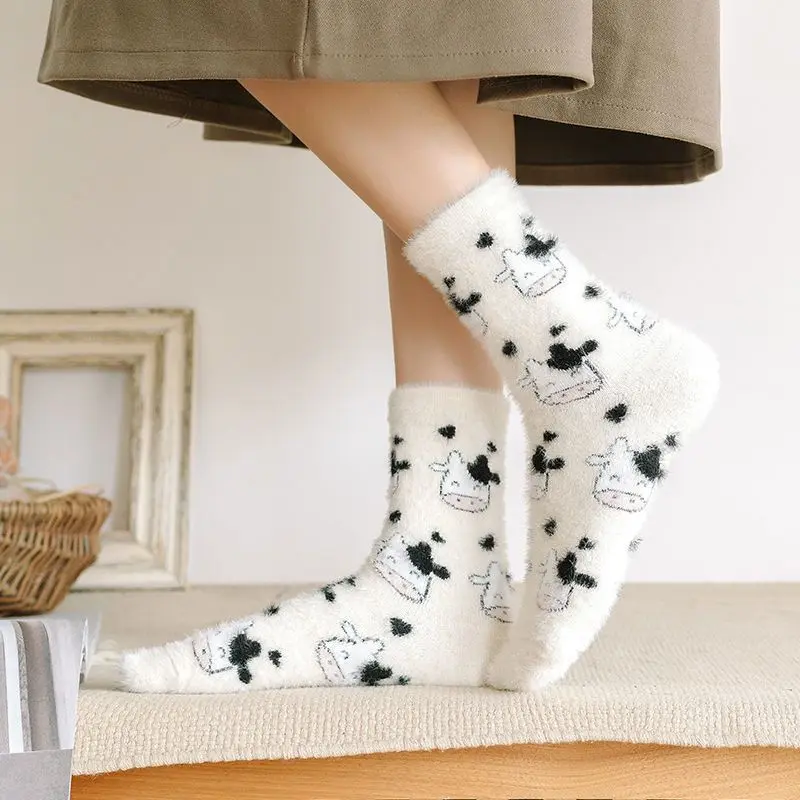 Winter Mink Plush Socks Women Cute Cartoon Cow Print Coral Fleece Sock Korean Indoor Thicken Warm Female Home Socks