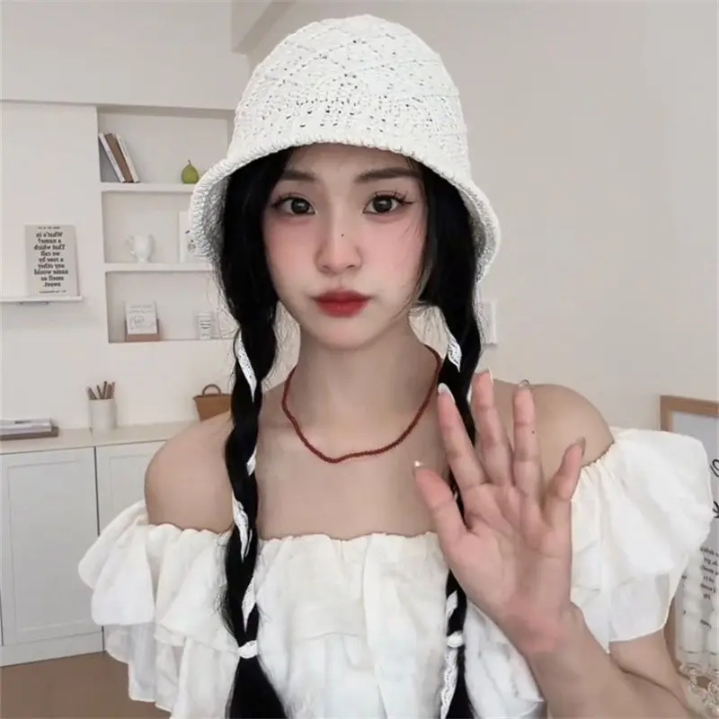 Summer Knit Bucket Hat for Women Outdoor Breathable Hollow Sunscreen Fisherman Cap Korean Solid Color Strap Basin Caps
