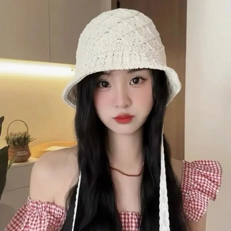 Summer Knit Bucket Hat for Women Outdoor Breathable Hollow Sunscreen Fisherman Cap Korean Solid Color Strap Basin Caps