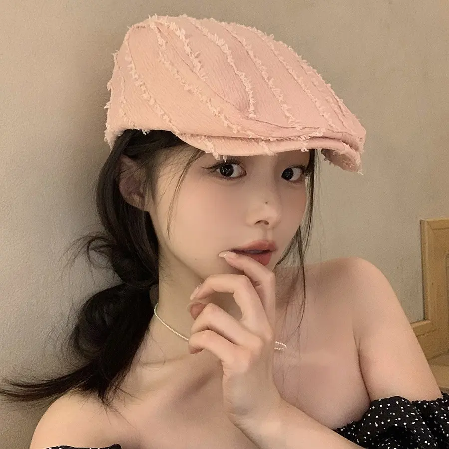Solid Color Beret Cap for Women Japanese Retro Striped Painter Hat Spring Summer Versatile Thin Newsboy Caps Female Gift