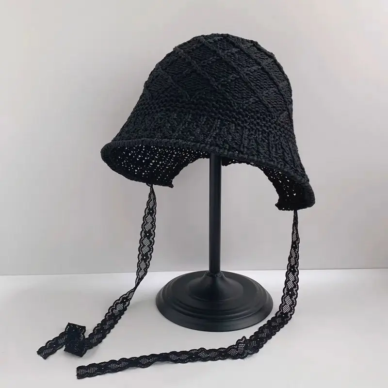 Summer Knit Bucket Hat for Women Outdoor Breathable Hollow Sunscreen Fisherman Cap Korean Solid Color Strap Basin Caps